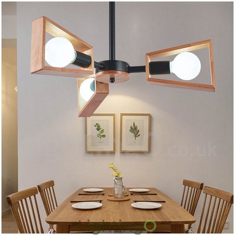 ثريا خشبية ذات طبقة واحدة وثلاث مصابيح بتصميم عصري حديث