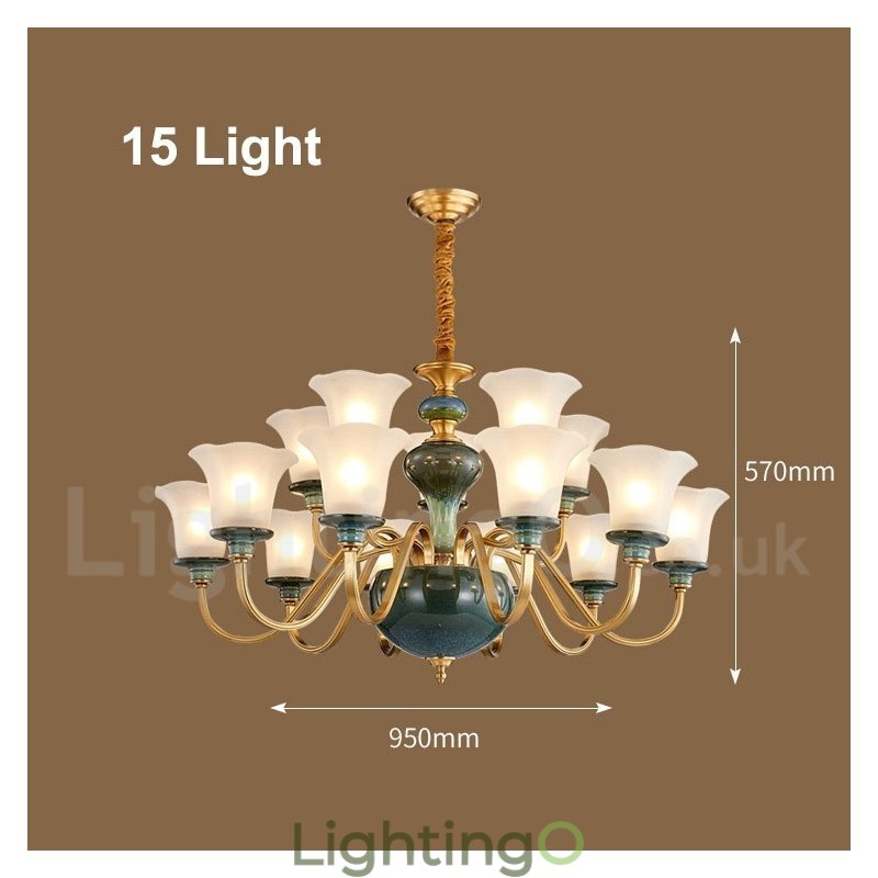 ثريا شمعدانية من السيراميك النحاسي بتصميم عتيق مع ظلال زجاجية