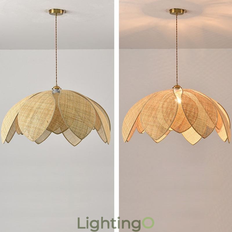 مصباح سقف معلق على شكل لوتس من الروطان بتصميم مقهى بتصميم فني عتيق من الروطان