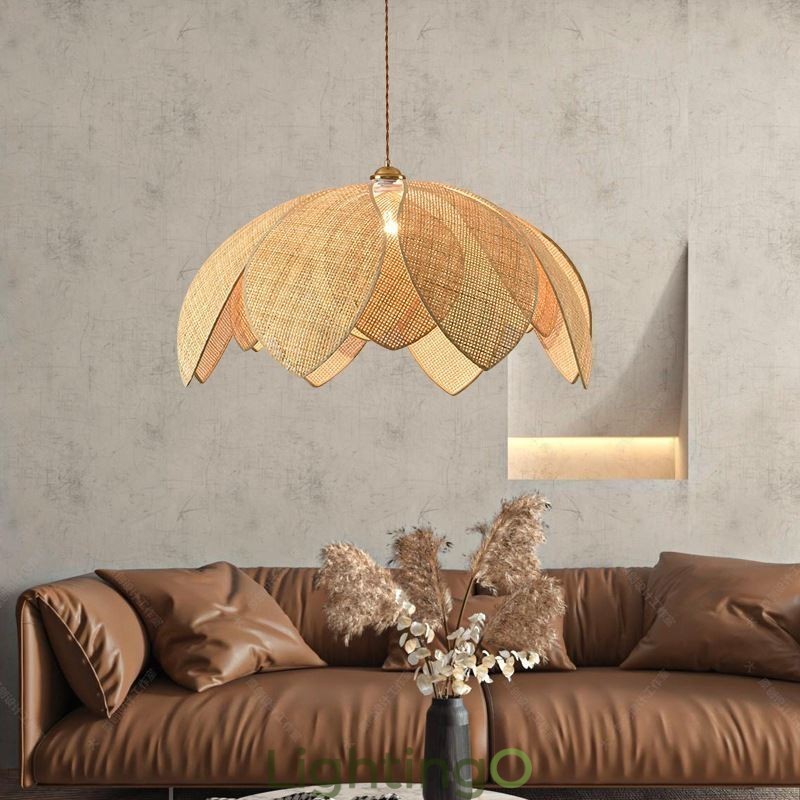 مصباح سقف معلق على شكل لوتس من الروطان بتصميم مقهى بتصميم فني عتيق من الروطان
