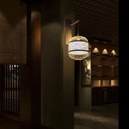 مصباح حائط بتصميم قفص مصنوع من الخيزران الإبداعي، مصباح حائطي معلق بجانب السرير