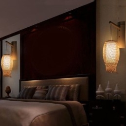 مصباح حائط من الخيزران المتجه لأسفل، مصباح حائط دائري ريفي بجانب السرير، إضاءة إبداعية لبيت الشاي